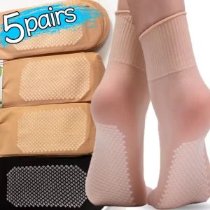 5คู่ลูกไม้ถุงเท้าบางเฉียบผู้หญิงฤดูร้อนระบายอากาศได้ดีถุงเท้าผ้าไหมผู้หญิงผ้าตาข่ายยืดหยุ่นกันลื่นด้านล่างประกบข้อเท้าสั้น