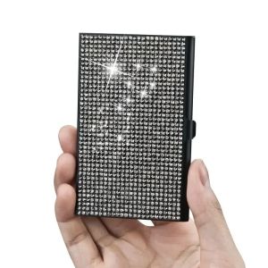 New Qinsuee Bling Aluminum Alloy Diamond Metal Business Card Case 10-20 Sheets Capacity Snap Rhinestone Business Card Box Small