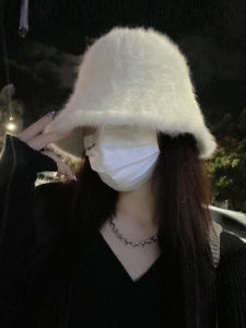 Womens Autumn Winter White Rabbit Fur Bucket Hat Cute Sweet Style Short Brim round Top Cap for Younger And Middle-aged