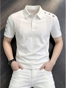ZHUOCAN | White Icy Filament Mesh Embroidered Polo Shirt Short Sleeve