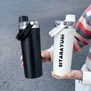 1pc 800ml Magnetic Lid Insulated Water Bottle Minimalist Letter Print Handle Water Cup Office and Outdoor Insulated Cup