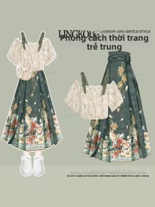 NUMEN BUTTON | Plus Size Summer Elegant Outfit Set for Women Off Shoulder Floral Top and Traditional Chinese High Waist Skirt