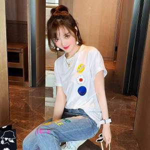 European Station Summer T-shirt Womens Short Sleeve Loose New Print All-Matching Fashion Brand round Neck Half Sleeve Tops Slimming T-shirt