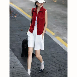 BOGUDU | New Fashion Simple Red Sleeveless Shirt White Shorts Set
