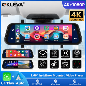 EKLEVA 9.66" Car Mirror Loop Recording Wireless CarPlay Android Auto Car DVR Bluetooth FM Transmitter AI Voice Multimedia Player