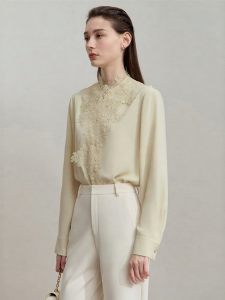 AMII | Elegant Business Casual Lace Spliced Loose Long Sleeve Non-elastic Chiffon Shirt