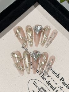 Handmade Long Pearl Nail Art with Gold Vermeil Sash Elegant White Enhancing Lightweight Pink Heart Diamond Luxury Feeling