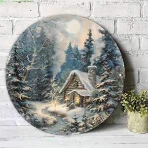 "Winter Cabin in Snowy Forest" 2D Flat Round Metal Sign - Cozy Christmas & Winter Wall Decor for Home Living Room