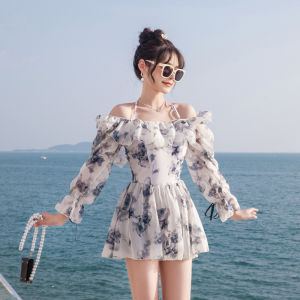 Long-Sleeved Swimsuit Womens Dress Style 2023 New Style Halter Conservative Fancy Loose-Fit Shoulder-Baring Slimming Covering Belly Summer