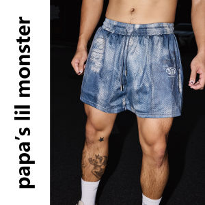 Papas lil monster | Quần Short Thể Thao Dây Rút Có Cảm Giác Vải Denim Mỹ Thông Khí