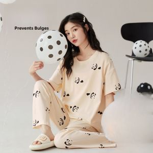 Miiow | Pure Cotton Summer Sleepwear Womens Loose Casual Home Clothes Three-piece Set Can Be Worn Outside Cartoon Cute Style Short Sleeve Round Neck