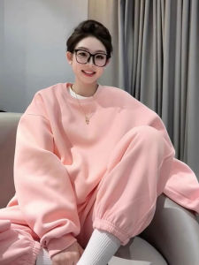 ชุดสเวตเตอร์สีชมพูแฟชั่นสำหรับผู้หญิง ชุดกีฬาลำลอง 2 ชิ้น ทรงหลวม ทรงสลิมฟิต ชุดกีฬาฤดูใบไม้ร่วง/ฤดูหนาว สไตล์เกาหลี