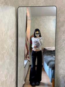 Classic American Low เอว ก้นกระดิ่ง กางเกงยีนส์ ผู้หญิง Small Size พรางหุ่น สีดำ Wash Wide Leg Floor Length กางเกงลำลอง