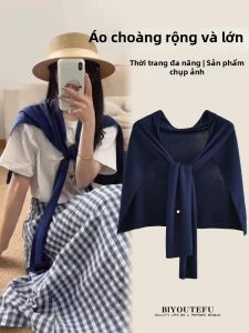 BIYOUTEFU | Bảo Vệ Vai Kẻ Knitted Màu Xanh Hải Quân Kích Thước Lớn