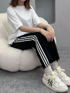 กางเกงขายาวทรงตรงลำลองสไตล์อเมริกัน ไซส์ใหญ่ กางเกงวอร์มผ้ายีนส์เอวสูง กางเกงขายาวทรงหลวม ผ้าฝ้ายผสม