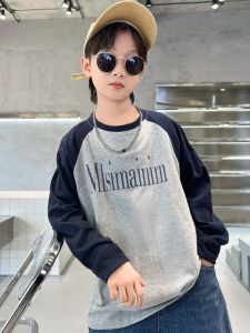 Pure Cotton Long Sleeve T-Shirt for Boys Spring Autumn Season New Style Shoulder Insert Splicing Base Layer Top for Middle Large Children