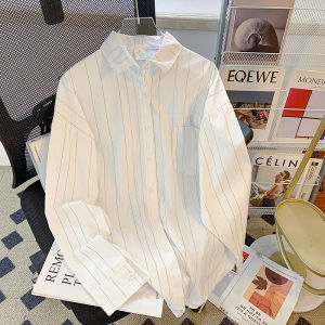 Design Sensation Loose Womens Polo Neck Shirt Striped Korean Style Autumn Spring Casual Long Sleeve Button up Top Coat