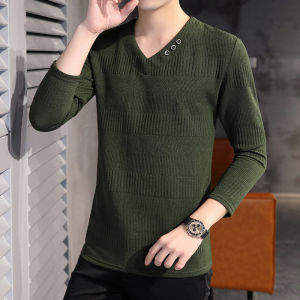 Striped Mens Long Sleeve V-Neck Base Layer Sweatshirt Spring Autumn