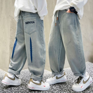 Boys Casual Cotton Denim Jeans mid Waist Wide Leg Pants Spring Autumn Wear Comfortable Breathable Non-Stretch Elastic Waist