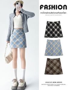 กระโปรงสั้นทรงเอเอวสูงผ้าขนสัตว์ลายสก็อตสีน้ำเงินสำหรับผู้หญิง ฤดูใบไม้ผลิ ฤดูใบไม้ร่วง ฤดูหนาว กระโปรงสั้นทรงเข้ารูปสำหรับผู้หญิงไซส์เล็ก