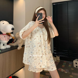 Summer Short Sleeve Bubble Cotton Sleepwear Set with Chest Pad Womens Home Clothes Youth Cloud Cotton Sweet Cute Style