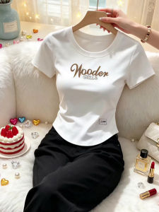 V.C.I | White Regular-Shoulder Short Sleeve Top 2026 New Style Asymmetric Hem Letter Print