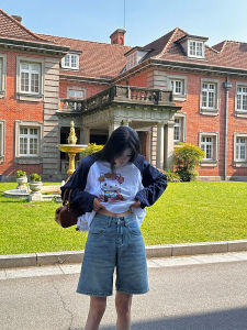 Matou Basic Style Soft Denim Shorts Women Summer Loose Straight Cut Five-Quarter Pants High Waist Zipper High Waist Blue Jeans