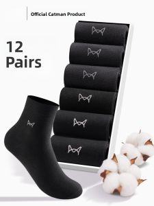miiow | Mens Mid-Calf Cotton Socks Pure Color Antibacterial Business Anti-Odor Black Short Socks Catman 12 Pairs All Season Wear