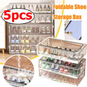 5pcs PVC Large Capacity Waterproof Foldable Shoe Rack / Dustproof Bed Bottom Transparent Sneaker Container / Foldable Shoe Organizer with Steel Frame / Bed Bottom Shoes Storage Box