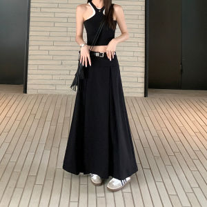 กระโปรงจีบเอวสูงทรงเอยาวคลุมเข่าสำหรับผู้หญิงไซส์ใหญ่ สไตล์ลำลอง ฤดูใบไม้ร่วง 2023 กระโปรงทรงเอสีเทา