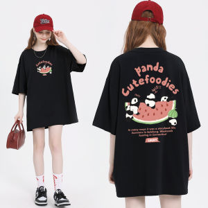 Áo Thun Cotton Màu Da Dê Tay Ngắn Mùa Hè Thường Ngày Dáng Rộng Cổ Tròn in Họa Tiết Hoạt Hình Phong Cách Đường Phố Dành Cho Nữ