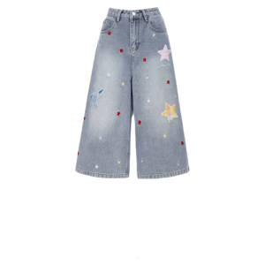 OUMULONG | Blue Star Print Wide Leg Jeans Capri Pants
