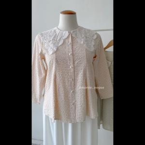 Plus Size (3XL-6XL) Nursing Friendly Plaid Bubble Crepe Ironless Soft Cotton Fabric Lace Collar Blouse Muslimah Top (4149)