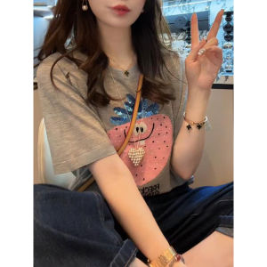 Shalldoer | Strawberry Print Sequin Short Sleeve T-Shirt Womens Summer Thin Breathable Versatile Cover Up Top Korean Style Loose Fit