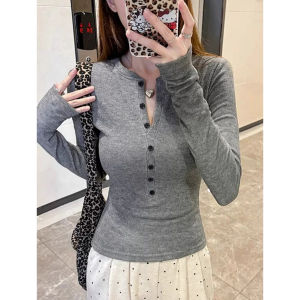 เสื้อยืดคอกลมแขนยาวทรงสลิมฟิตสำหรับผู้หญิงในฤดูใบไม้ร่วงและฤดูหนาว สไตล์อเมริกันวินเทจ เสื้อชั้นในลำลอง แฟชั่นสตรีท ลำลอง