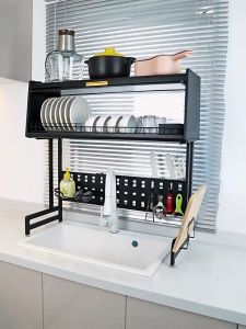 Kitchen Shelves Carbon Steel Kitchen Organizer Rak Pinggan Dish Drainer Over Sink Drying Dish Drainer With Cabinet Door Dust Sink Holder