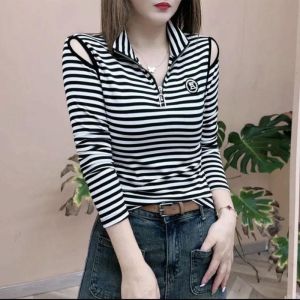 เสื้อเชิ้ตแขนยาวแบบมีซิปครึ่งตัวคอสูงครึ่งตัวฤดูใบไม้ร่วงใหม่ ทรงสลิมฟิต ลำลอง แฟชั่น โชว์ไหล่ เสื้อชั้นใน