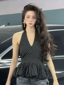 BINKAFENNY | Black Polka Dot Backless Strap Vest Womens Summer Fashionable Outerwear Waist-Cinching Beautiful Top Pure Desire Style