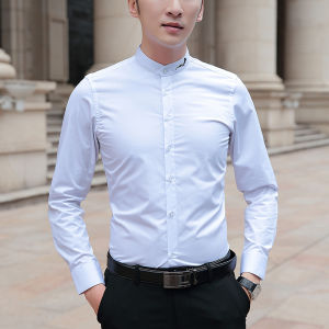 Autumn Fashion Mens Long Sleeve Embroidered Slim Fit Shirt Stand Collar Chinese Style Business Casual Cotton Polyester Blend