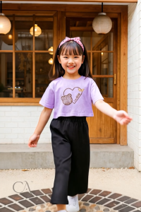 Setelan Crop Top Kulot Anak Perempuan Karakter Love Bear | Baju Set Cewek Love Bear 6 8 10 12 14 tahun