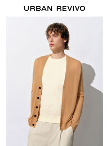 URBAN REVIVO Men V-Neck Knitwear Korean Lazy Style Knit Cardigan Sweater Couples solid color Casual Long-sleeved Loose Drop Shoulder