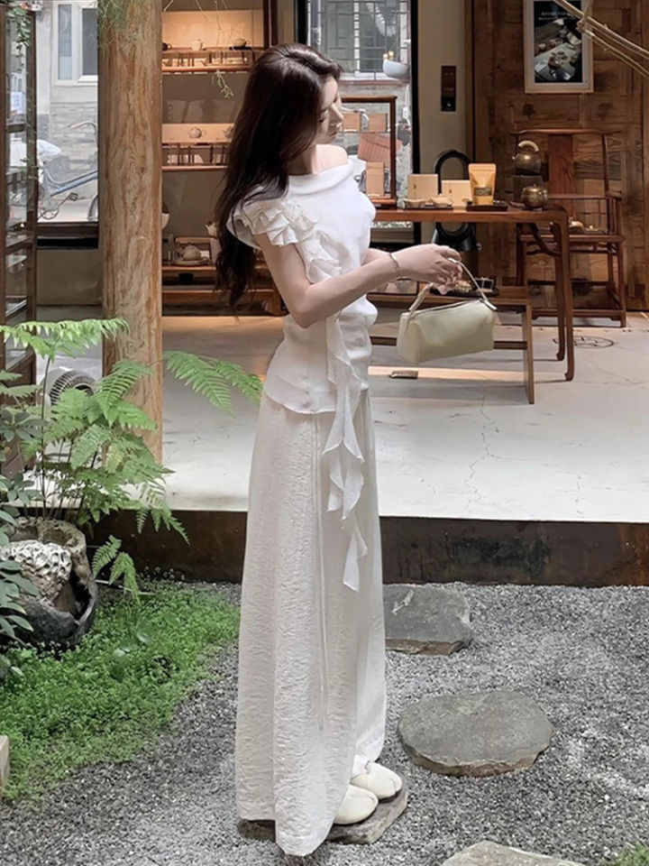 XUECAIQI | Korean Style Loose Fit Slimming Short Sleeve Blouse and Wide Leg Pants Set