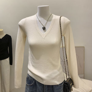 Versatile Shoulder V-Neck Knitwear Womens Autumn Winter Low Neck Bone Inlay Base Shirt Casual Commute Slim Fit Thermal Long Sleeve