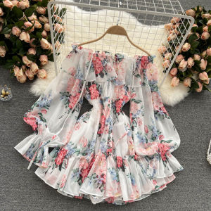 Vacation Style One Piece Dress Women Summer Shoulder Bared Bubble Sleeve Slim Short Length Chiffon Print Dress Pants Trendy