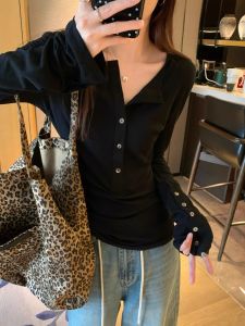 Elegant Pure Color Long Sleeve T-Shirt Womens Fashion Slim Fit Autumn Winter Top Kumikumi Design Halopen Collar Versatile Shirt