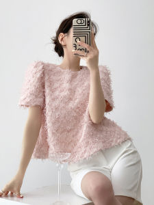 Butyou Elegant Round Neck Tweed Style Summer Short Sleeve T-Shirt for Women High-End Feeling Small Size Fragrance