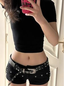 American Style Low Waist Rivet Denim Super Short Pants Womens Spring Summer New Hot Girl Elastic Tight Fit Butt Black Hot Pants