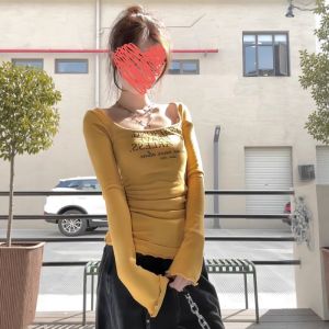 Yellow Long Sleeve Womens T-shirt Slim Fit Waist Cinched Overhead American Print Design Spring New Style Commute Korean Version
