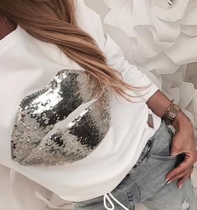 Fashionable Long Sleeve T-Shirt with Lip Sequins Street Style round Neck Loose Fit Spring Summer Casual Wear Pure Color