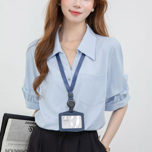YAOMUHUA | French V-Neck Blue Lightweight Summer Shirt